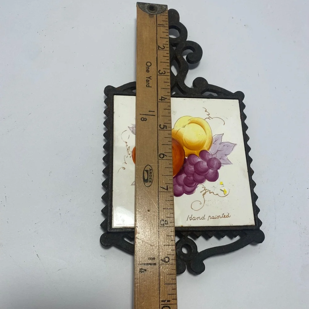 Trivet Kitchen Decor Hand Painted Fruit Cast Iron Tile Apple Pear Grapes